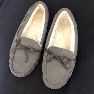 Gray faux fur lined moccasins